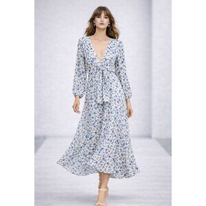 Emory Park Women’s Blue Floral Midi Dress Size L V-Neck Long Sleeve Tie Waist